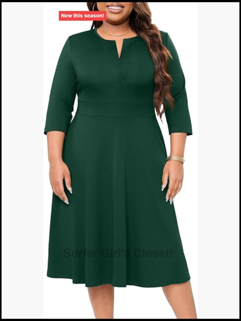 Plus Size A-Line Midi Dress 3/4 Sleeve V-Neck Casual